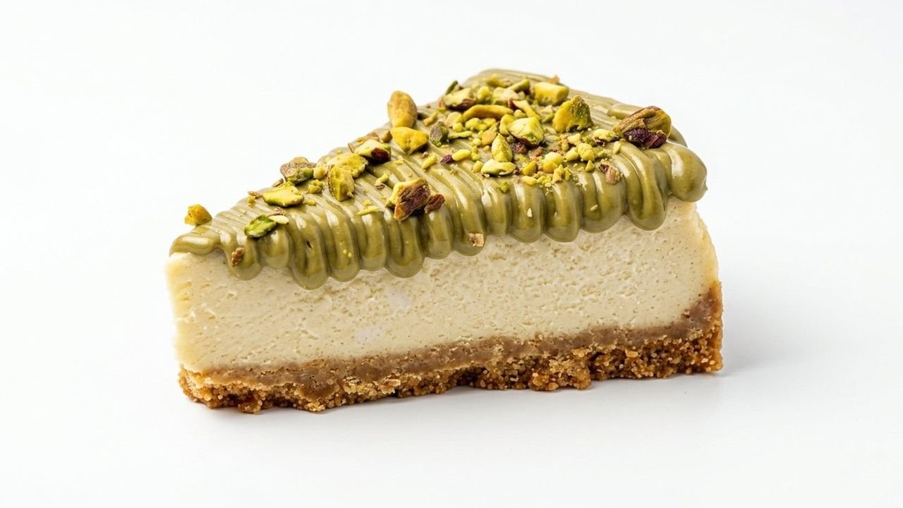 A delectable cheesecake slice topped with pistachio nuts on a white background.
